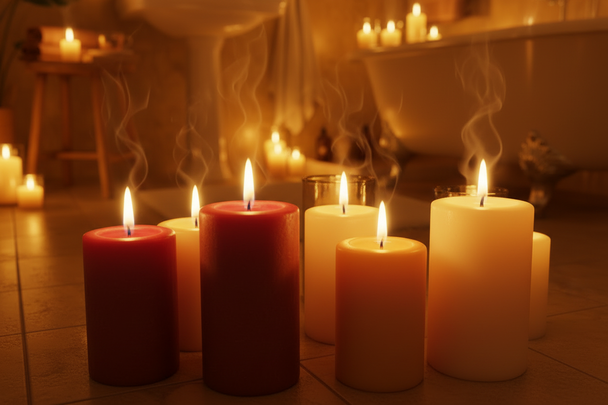 Candles burning in a warm, cozy setting with steam rising from a hot tub.