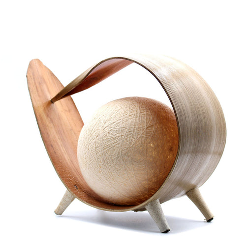 Wooden lamp with curved design on a white background