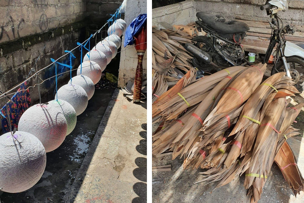 Two images side by side; one of spherical lamps on a ledge, the other of dried leaves with red bands.
