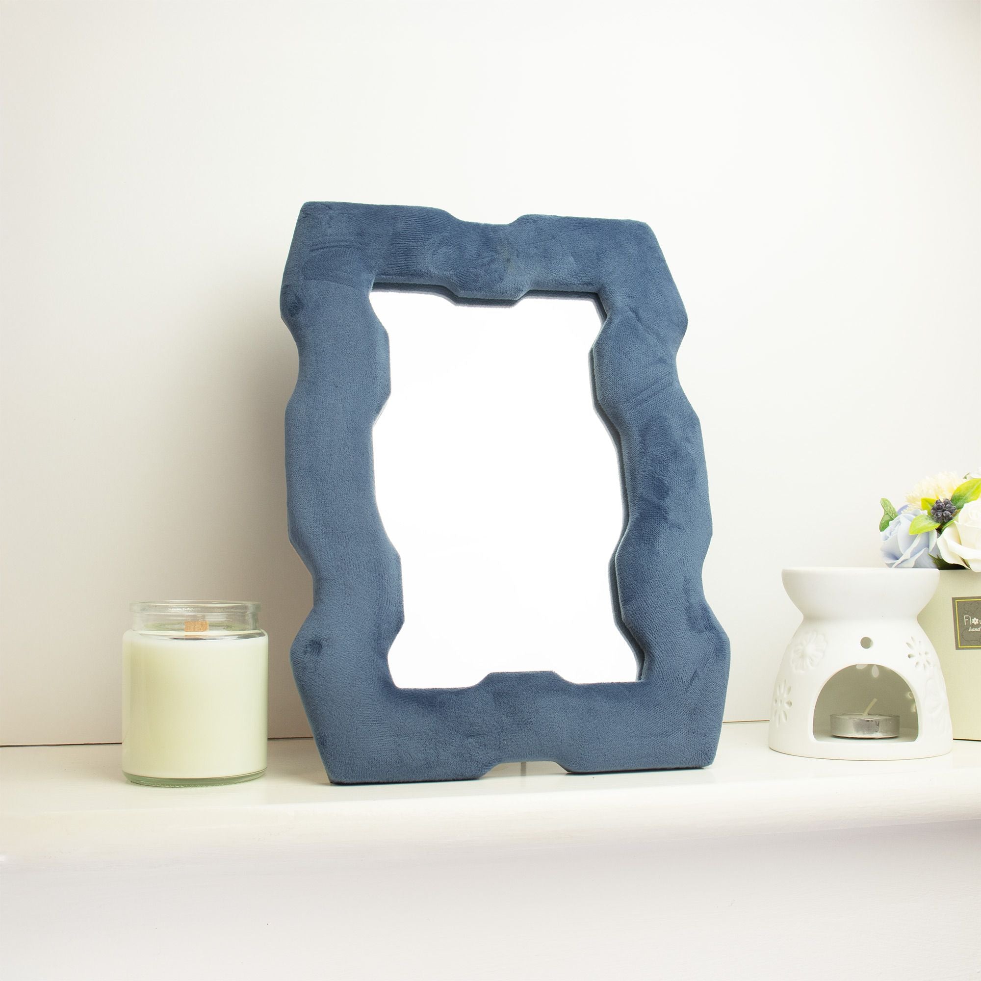 Soft Squiggly Royal Blue Chunky Frame Mirror - 30.5x22.5cm Plush Velvet Framed Wavy Decorative Wall Mirror