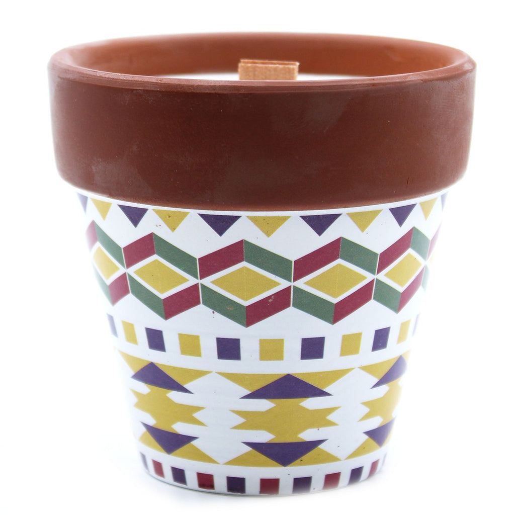 Decorative pot with geometric pattern and brown top on a white background