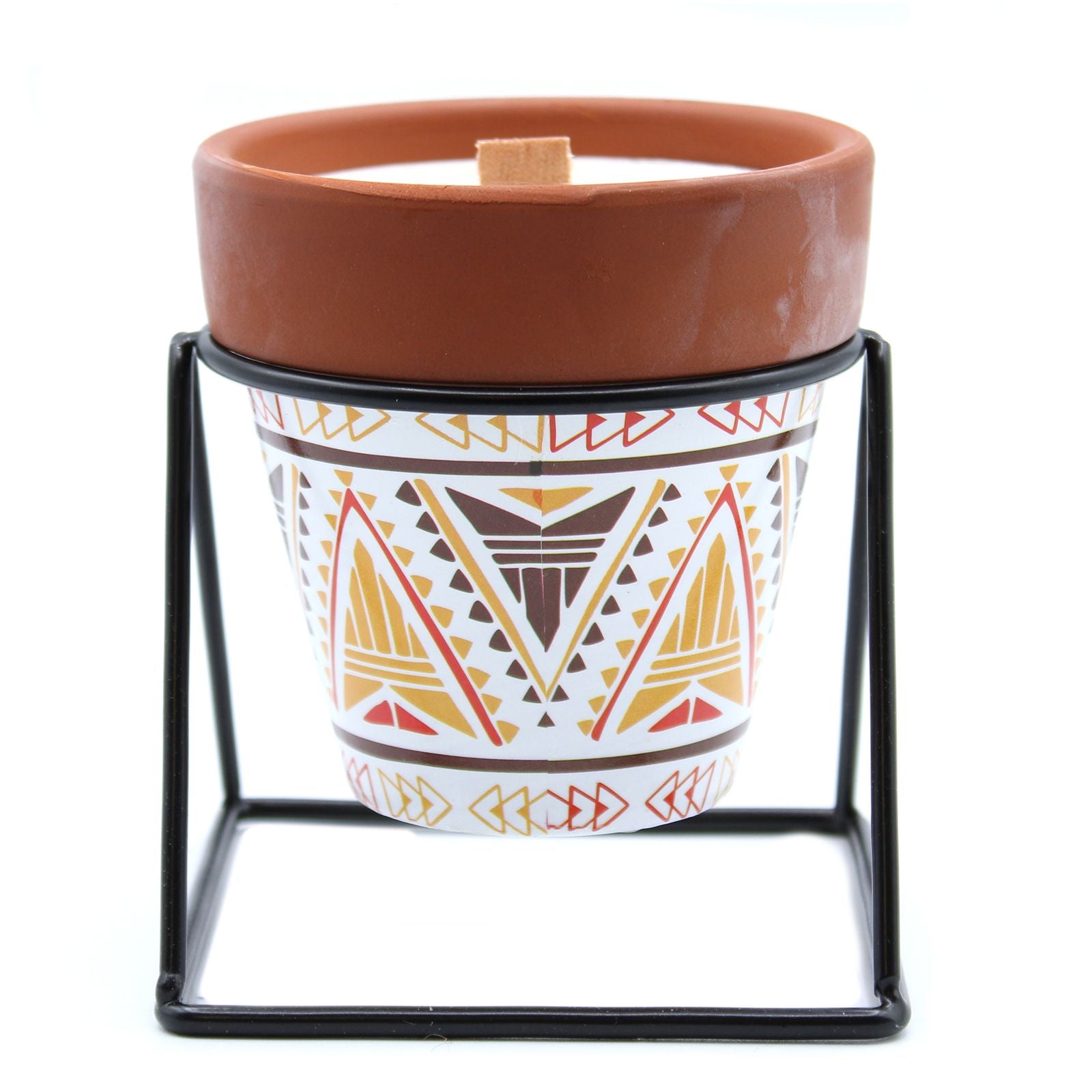Ceramic pot with a geometric pattern on a black stand against a white background