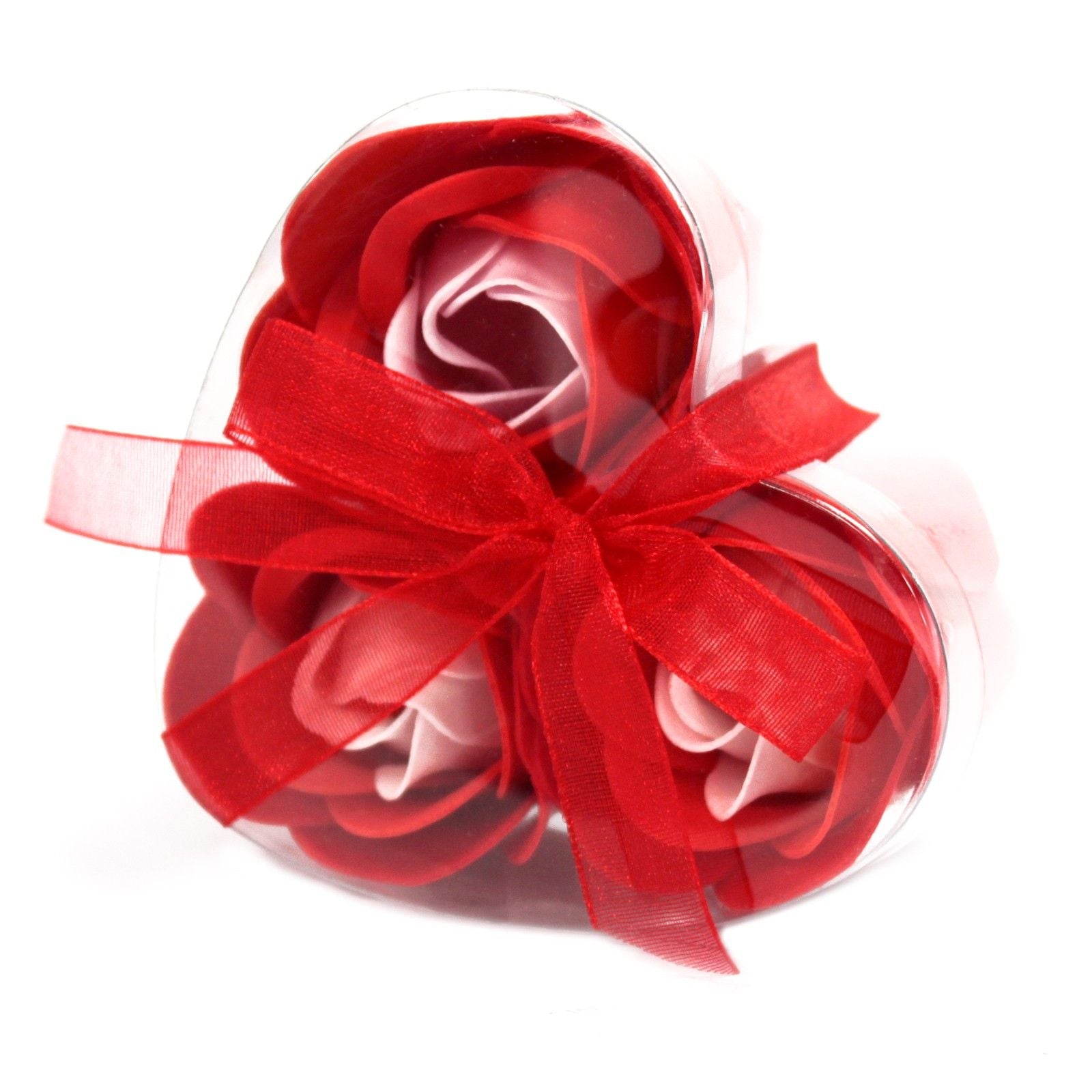 Red and white roses in a clear container with a red bow on a white background