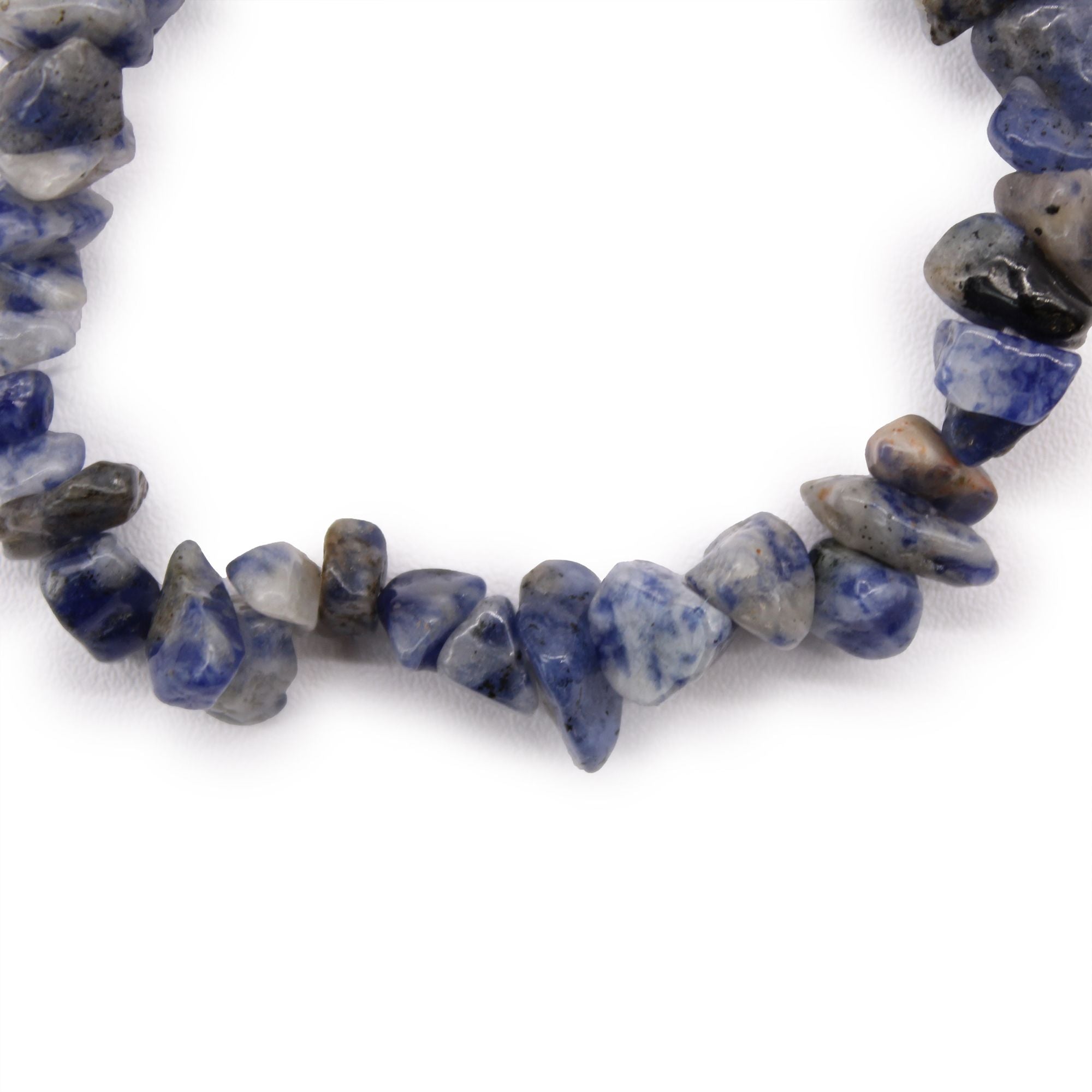Bracelet with blue and gray stone beads on a white background