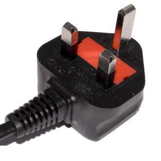 Black plug with red and silver connectors on a white background